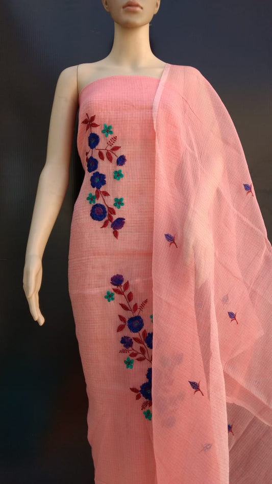 Carrot Color Cotton Kotadoria Embroidery Dress Materials