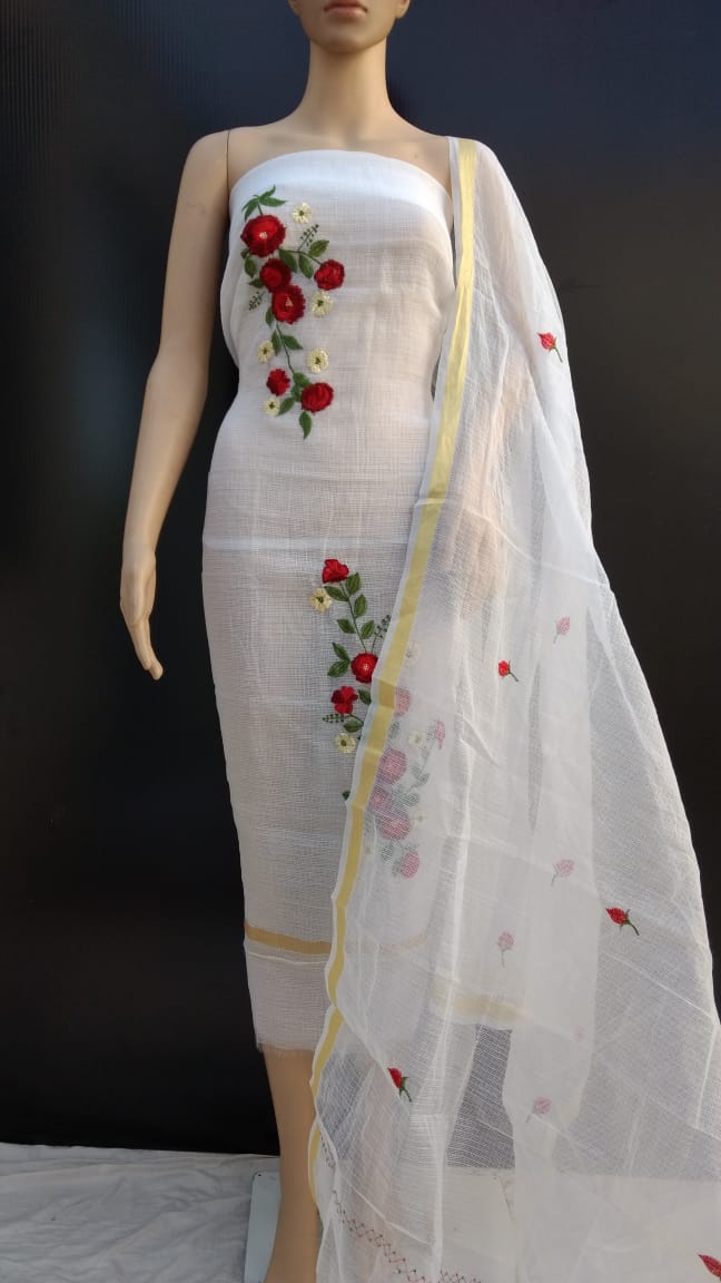 White Cotton Kotadoria Embroidery Dress Materials