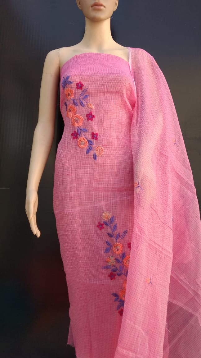 Pink Cotton Kotadoria Embroidery Dress Materials