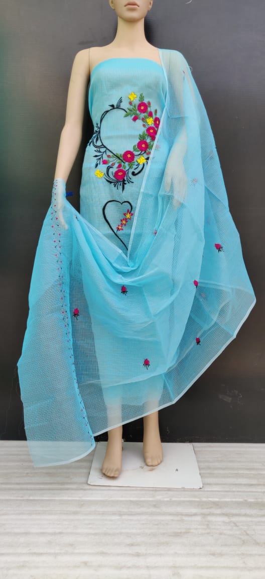 Sky Blue Floral Cotton Kotadoria Embroidery Dress Materials