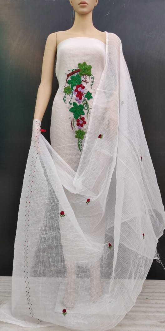 White Fabric Leaves Cotton Kotadoria Embroidery Dress Material