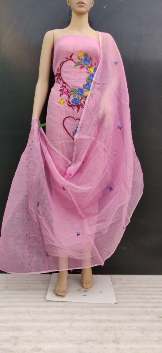 Pink Floral Cotton Kotadoria Embroidery Dress Materials