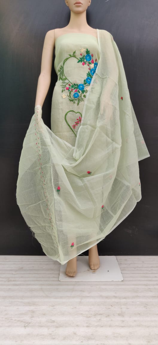 Light Green Floral Cotton Kotadoria Embroidery Dress Materials