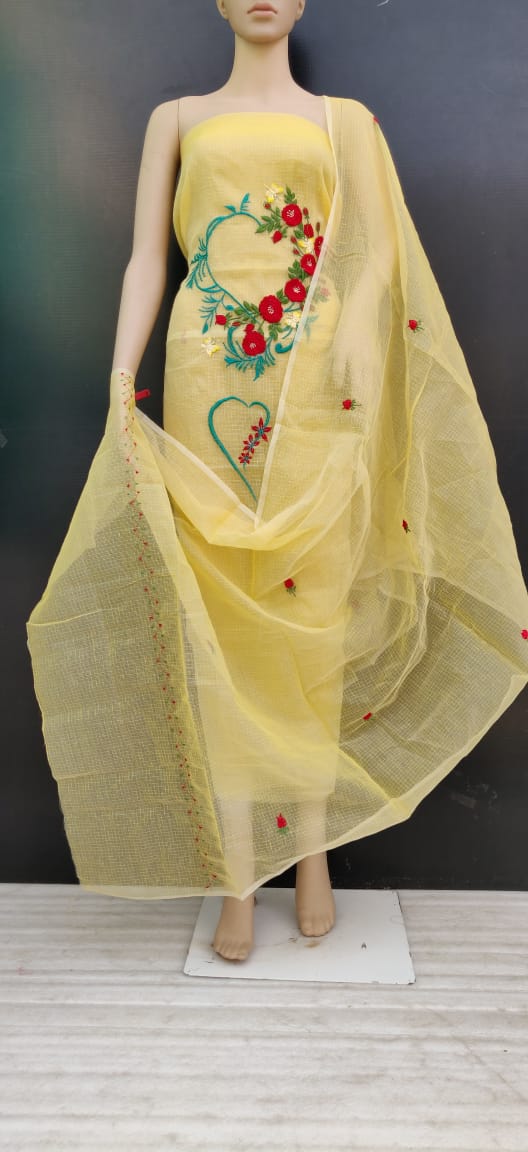 Yellow Floral Cotton Kotadoria Embroidery Dress Materials