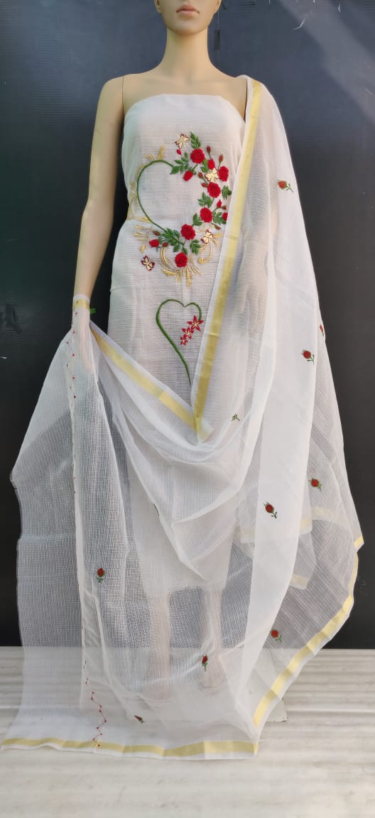 White Fabric Floral Cotton Kotadoria Embroidery Dress Material