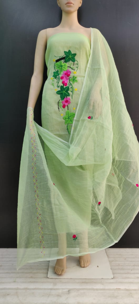 light Green Cotton Kotadoria Embroidery Dress Materials