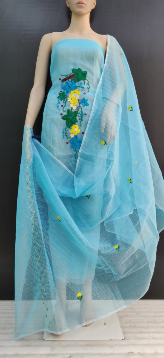 Sky Blue Cotton Kotadoria Embroidery Dress Materials
