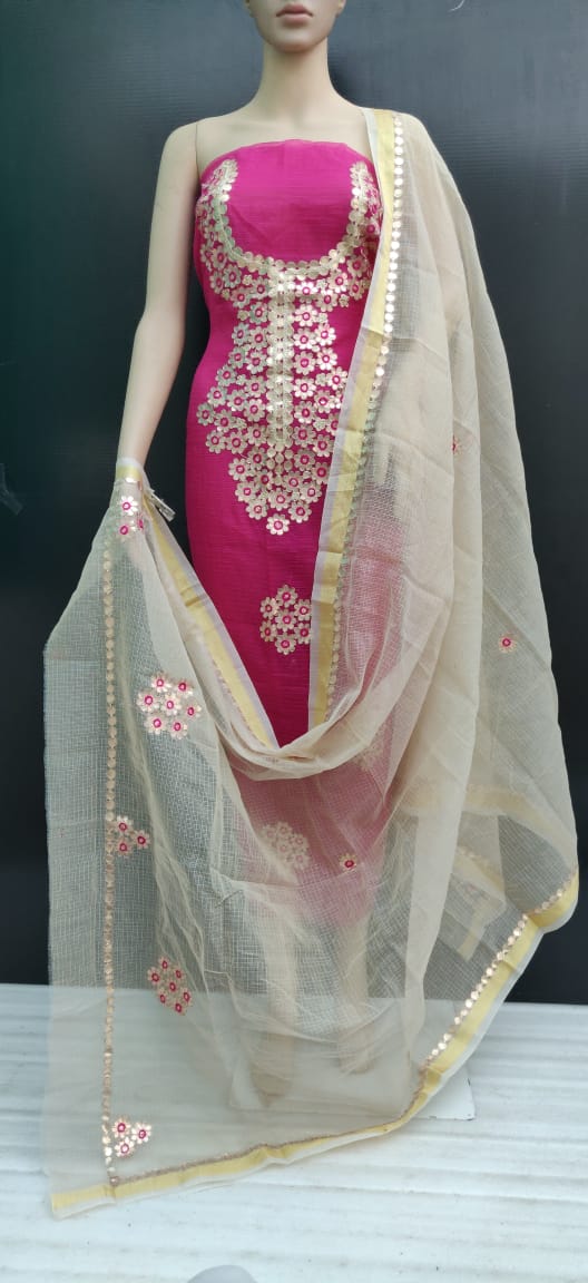 Pink Cotton Kotadoria Gotta Patti Work Dress Material