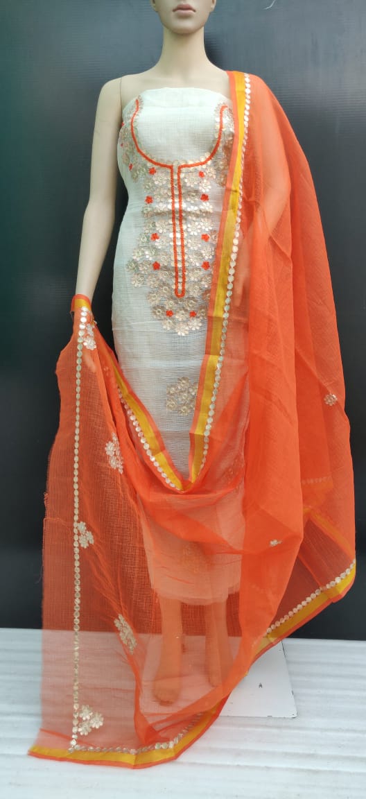 Cotton Kotadoria Orange Gotta Patti Work Dress Material