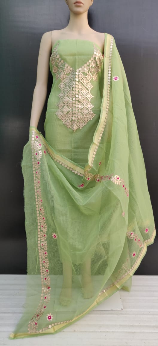 Light Green Color Cotton Kotadoria Gotta Patti Work Dress Material