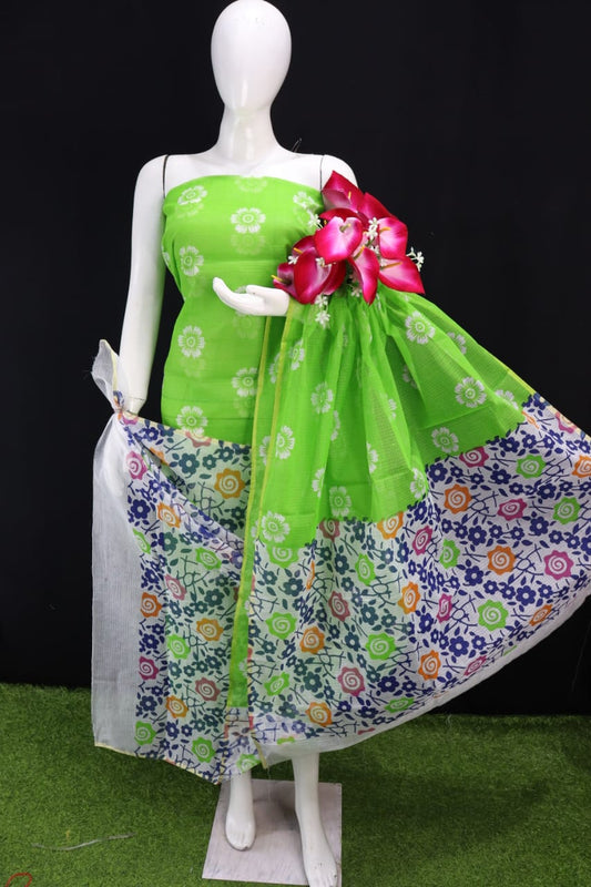 Green Printed Kota Dotia Cotton Fabric Dress Material Unstitched