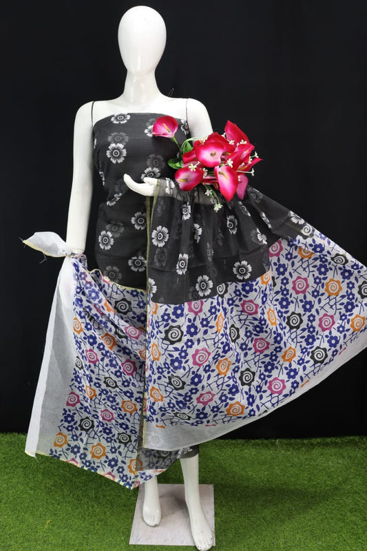 Black Printed Kota Doria Cotton Fabric Dress Material