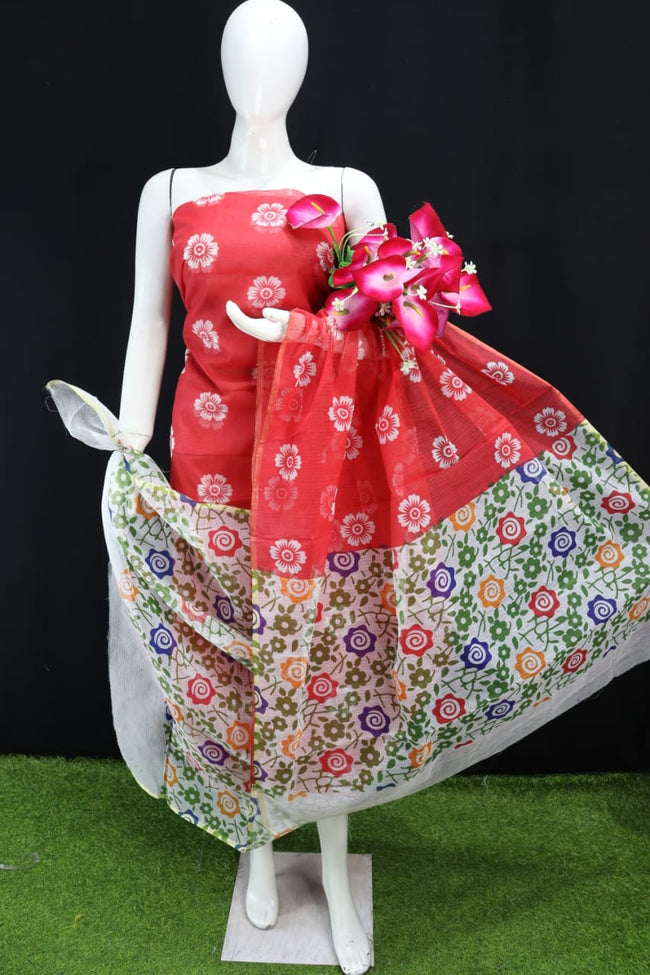 Red Printed Kota Doria Cotton Fabric Dress Material