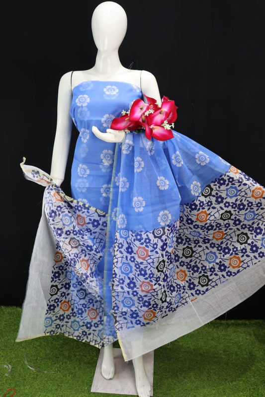 Blue Printed Kota Doria Cotton Fabric Dress Material