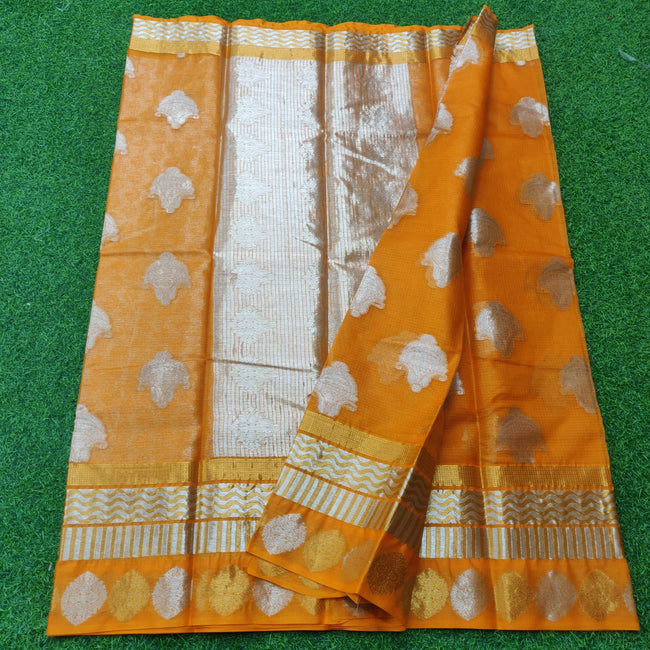 Orange Kota Doria Pure Silk Weaving Saree