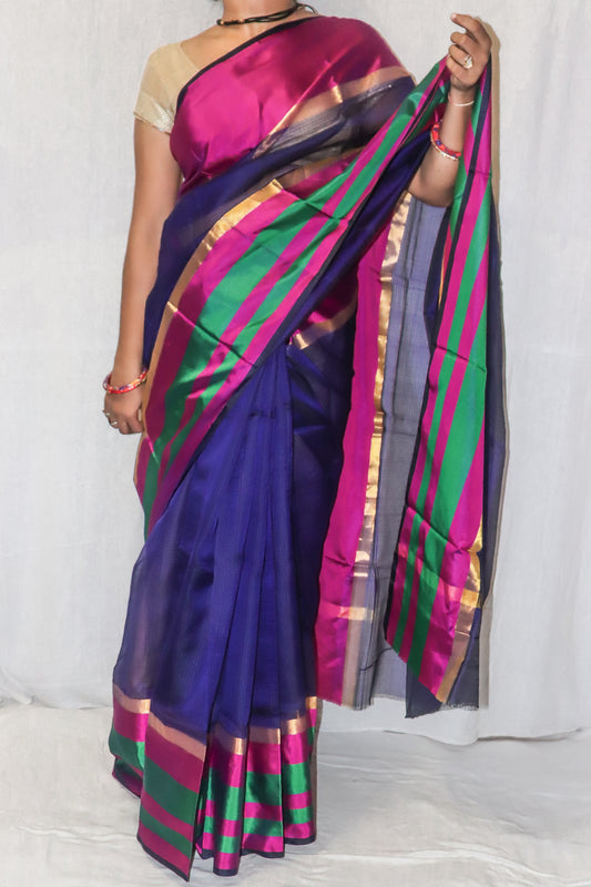 Pink Blue Kotadoria Silk Saree With Unique Print