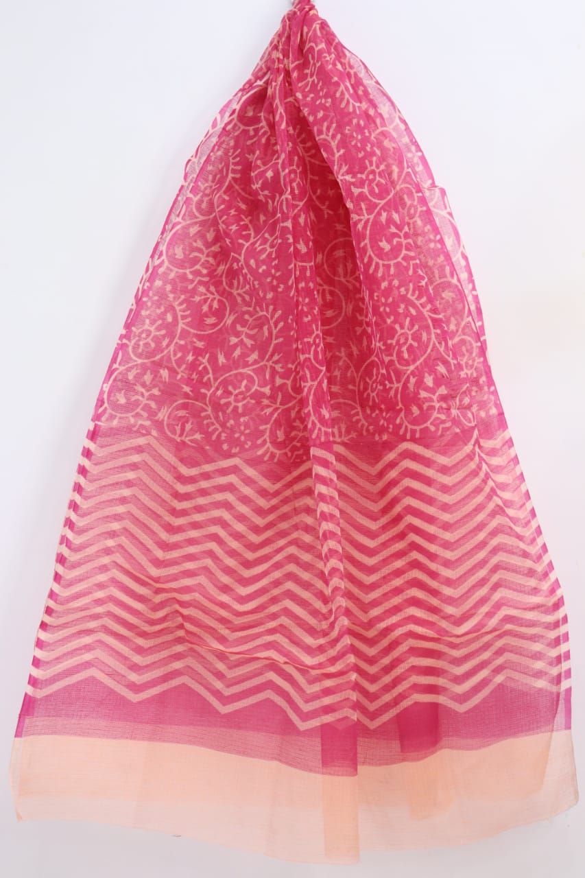 Luxurious Pink Floral Printed Kota Doria Dupatta