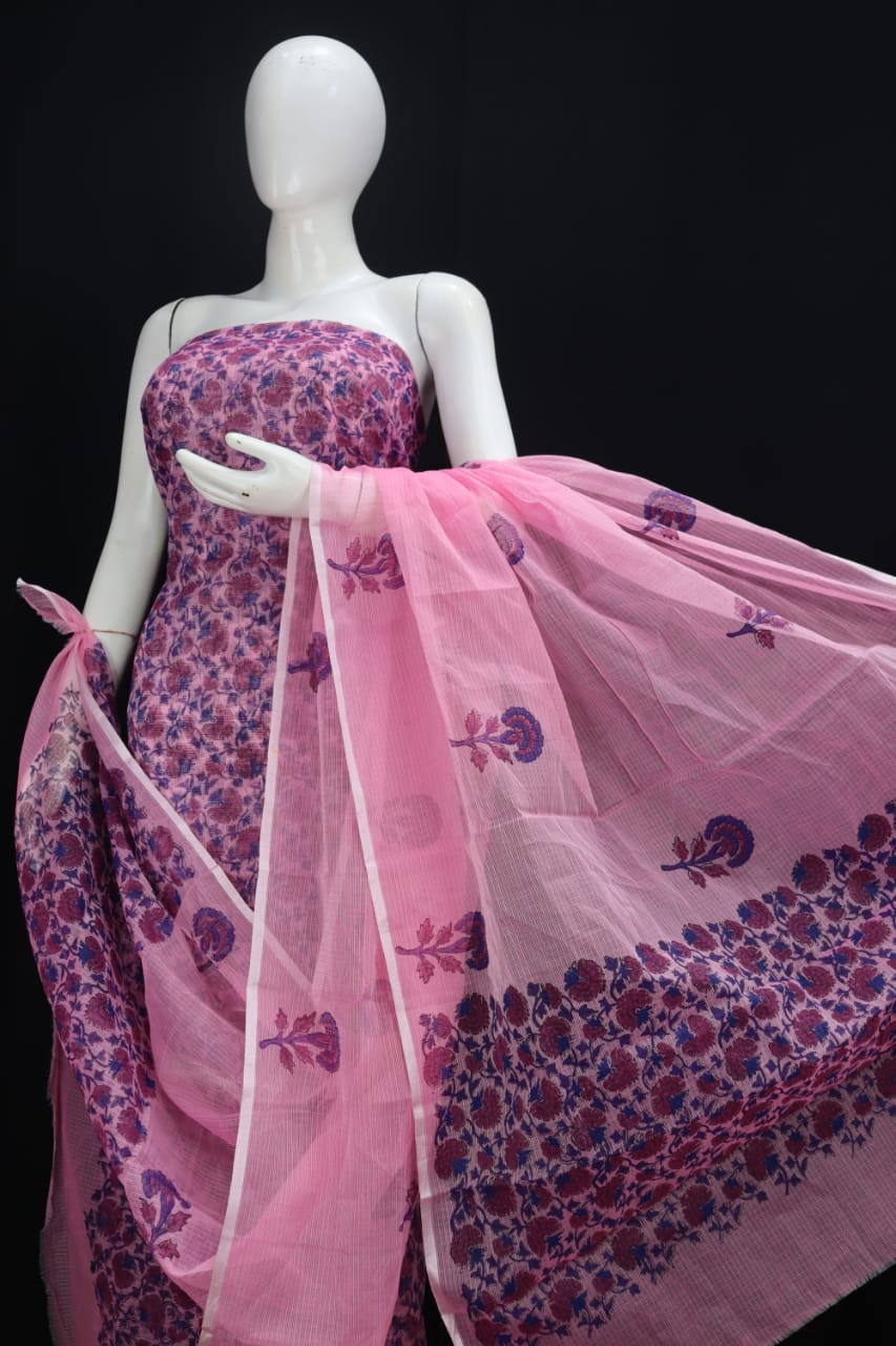 Designer Pink Flower Hand block Print Kota doria Suit