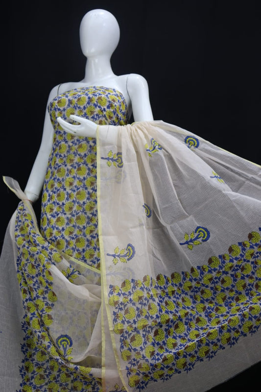 DESIGNER Yellow Blue FLOWER HAND BLOCK PRINT KOTA DORIA SUIT