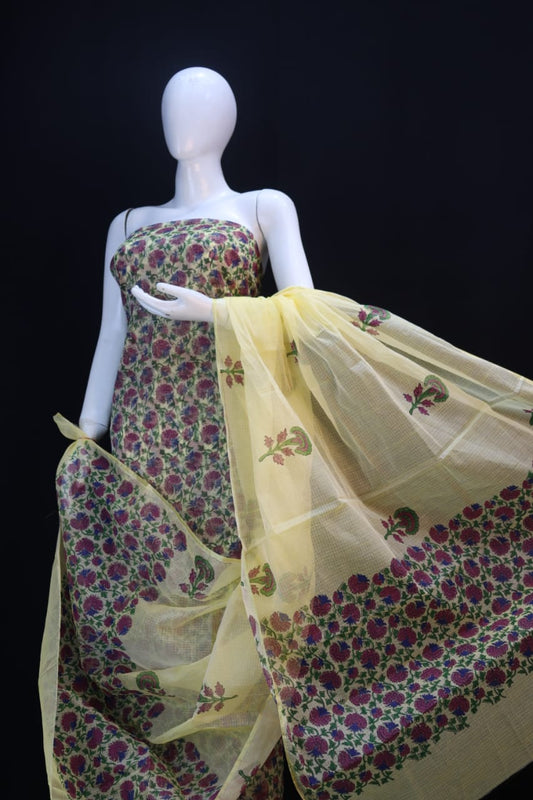 DESIGNER Brownish Yellow FLOWER HAND BLOCK PRINT KOTA DORIA SUIT Dress Material