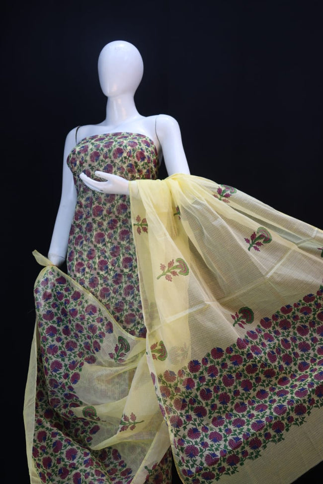 DESIGNER Brownish Yellow FLOWER HAND BLOCK PRINT KOTA DORIA SUIT Dress Material