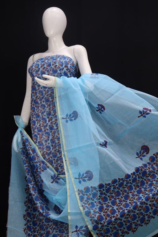 DESIGNER Blue FLOWER HAND BLOCK PRINT KOTA DORIA SUIT