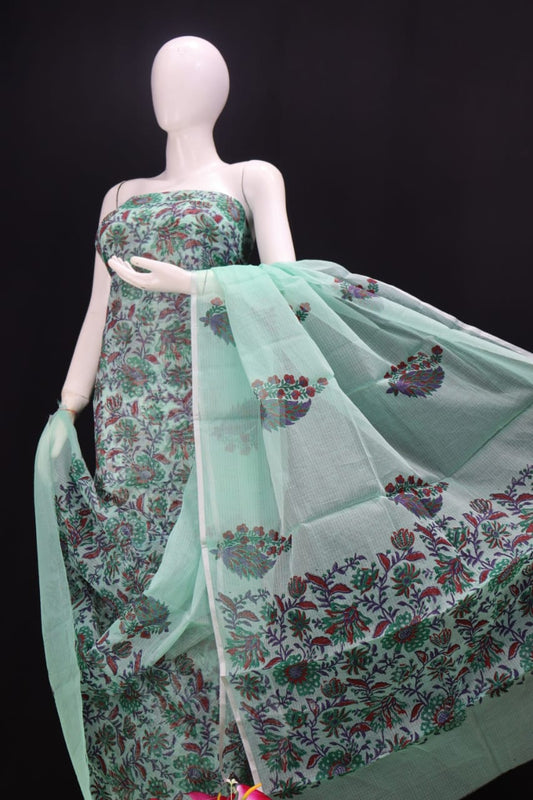 DESIGNER GREEN PASTEL FLOWER HAND BLOCK PRINT KOTA DORIA SUIT
