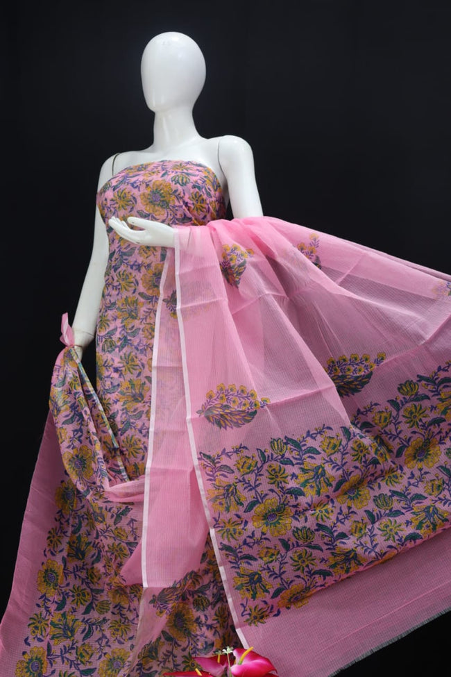 DESIGNER PINK PASTEL FLOWER HAND BLOCK PRINT KOTA DORIA SUIT