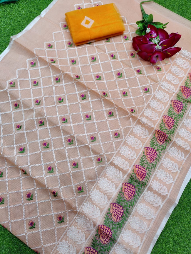 KOTA COTTON "CHICKENKARI EMBROIDERY" SAREE WITH BLOUSE