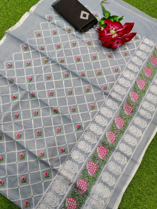 KOTA COTTON "CHICKENKARI EMBROIDERY" SAREE WITH BLOUSE