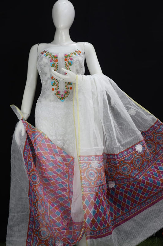 White KOTA DORIA CHIKANGARI EMBROIDERY WORK SUIT WITH DUPATTA