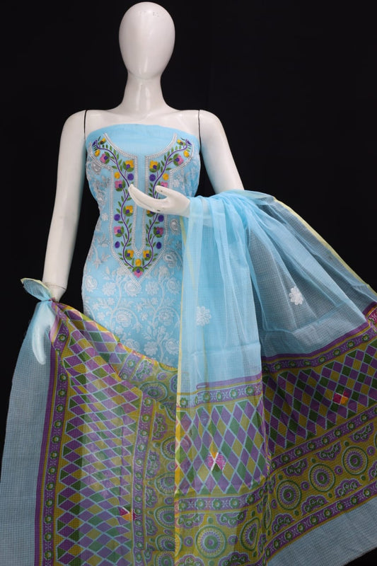Sky Blue KOTA DORIA CHIKANGARI EMBROIDERY WORK DRESS MATERIAL