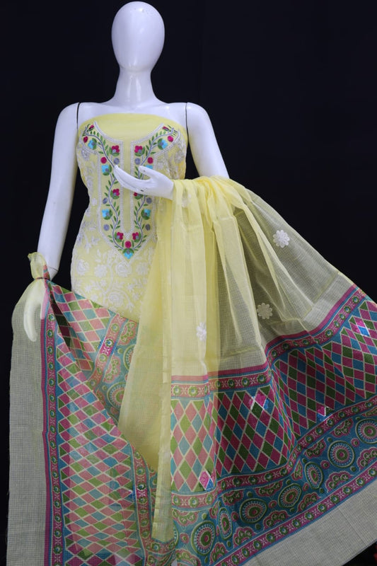 KOTA DORIA YELLOW CHIKANGARI EMBROIDERY WORK SUIT MATERIAL