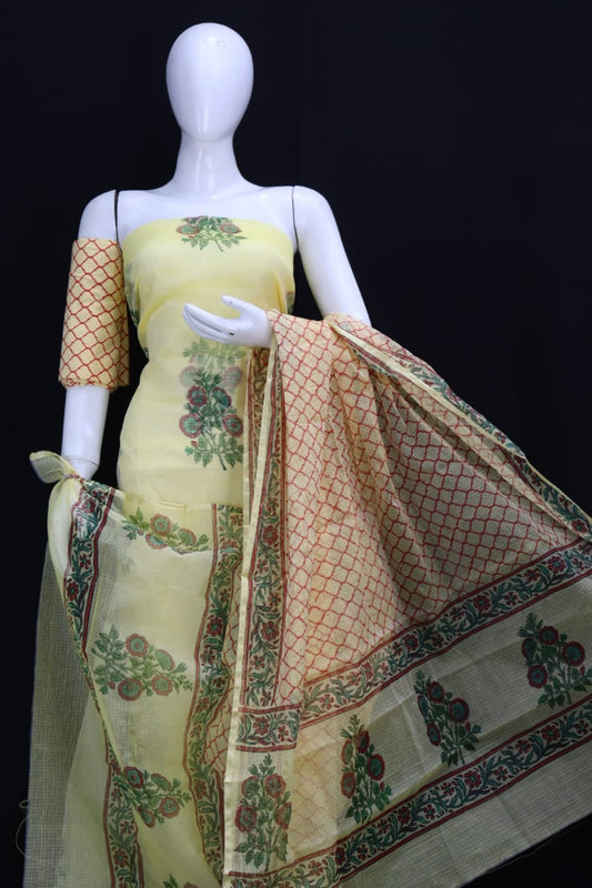 ELegant Designer Handblock Printed Cotton Kota Doria un-stitched Suit With Dupatta