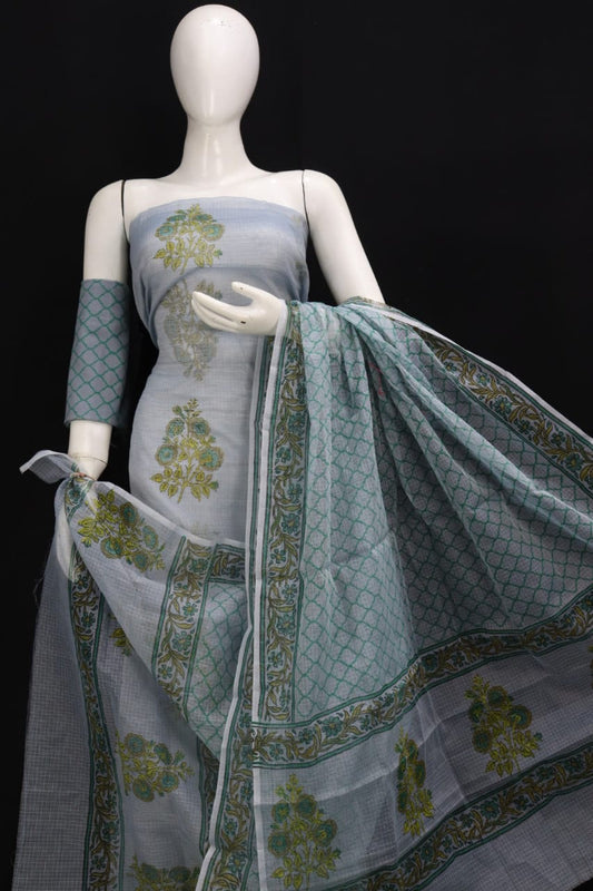 Elegant Designer Handblock Printed Cotton Kota Doria un-stitched Suit With Dupatta