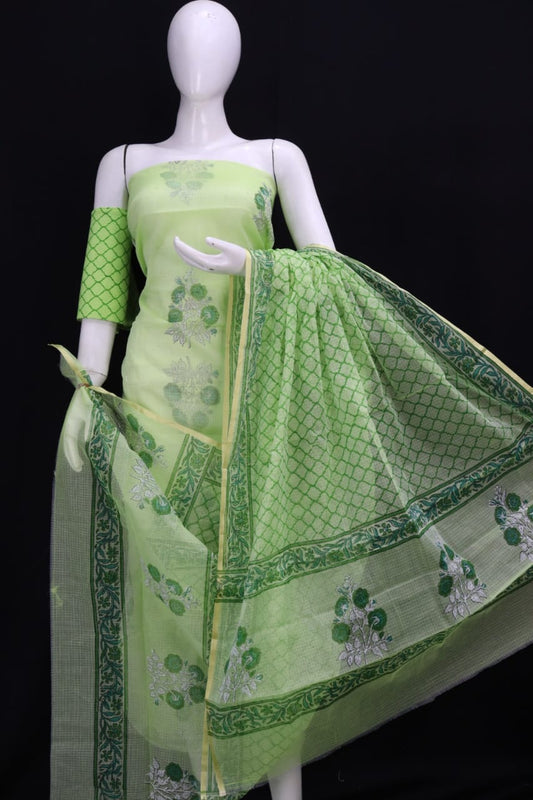 Elegant Designer Handblock Printed Cotton Kota Doria un-stitched Suit With Dupatta
