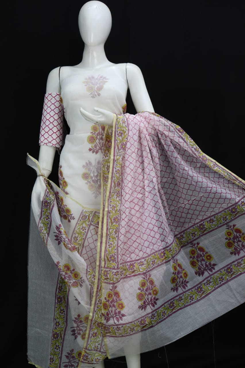 Elegant Designer Handblock Printed Cotton Kota Doria un-stitched Suit With Dupatta