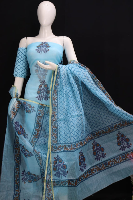 Elegant Designer Handblock Printed Cotton Kota Doria un-stitched Suit With Dupatta