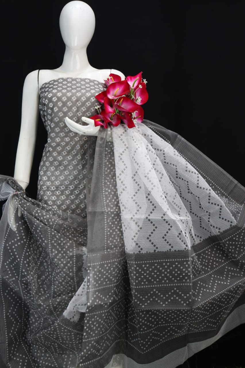 Grey  Classic Printed Kota Doria Cotton Fabric Dress Material