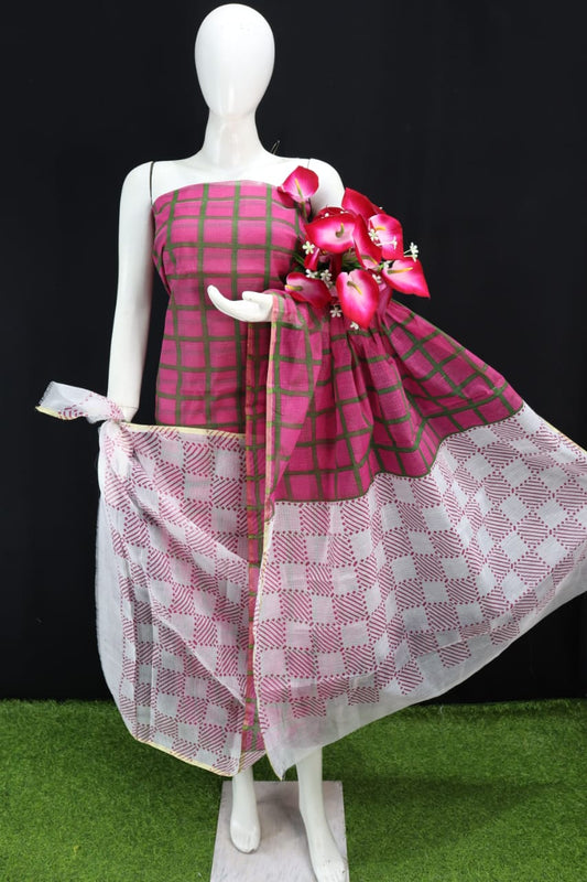 Pink Square Printed Kota Doria Cotton Fabric Dress Material