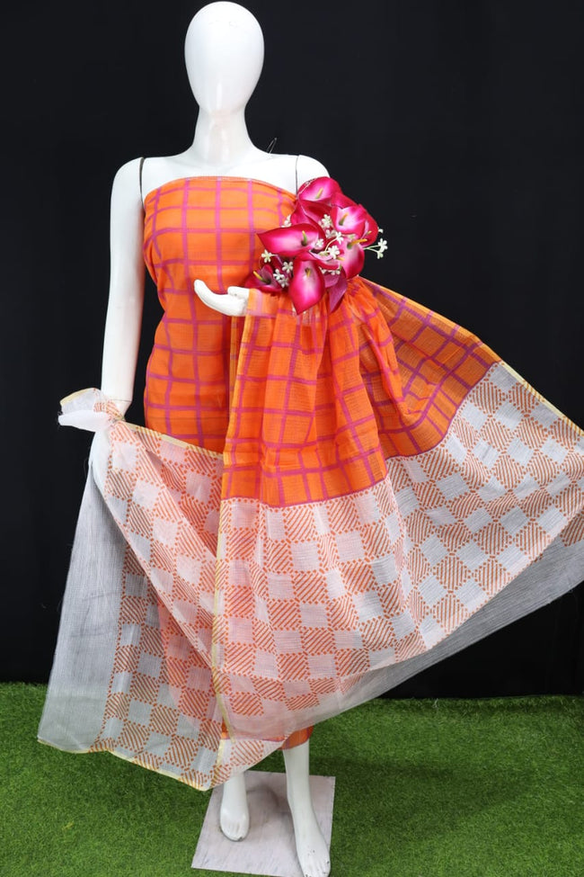 Orange Square Printed Kota Doria Cotton Fabric Dress Material