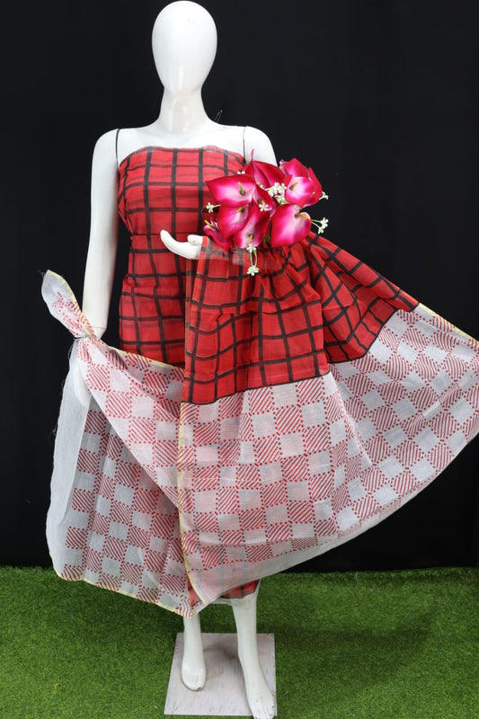 Red Square Printed Kota Doria Cotton Fabric Dress Material