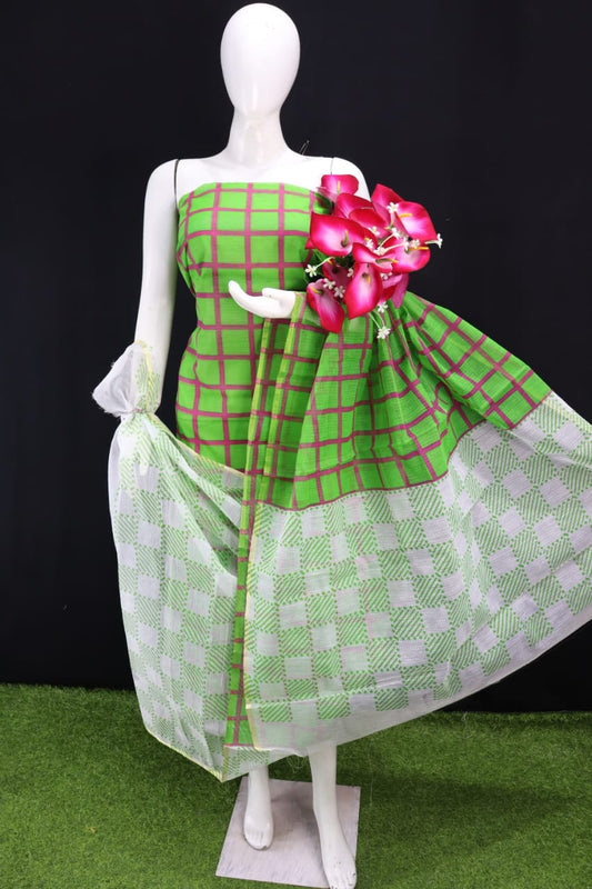Green Square Printed Kota Doria Cotton Fabric Dress Material