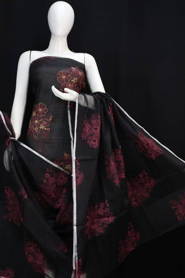 Floral Black Printed Kota Doria Cotton Fabric Dress Material