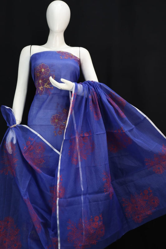 Floral Blue  Printed Kota Doria Cotton Fabric Dress Material