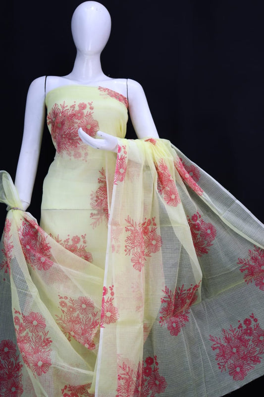 Floral Yellow Pastel Classic Printed Kota Doria Cotton Fabric Dress Material