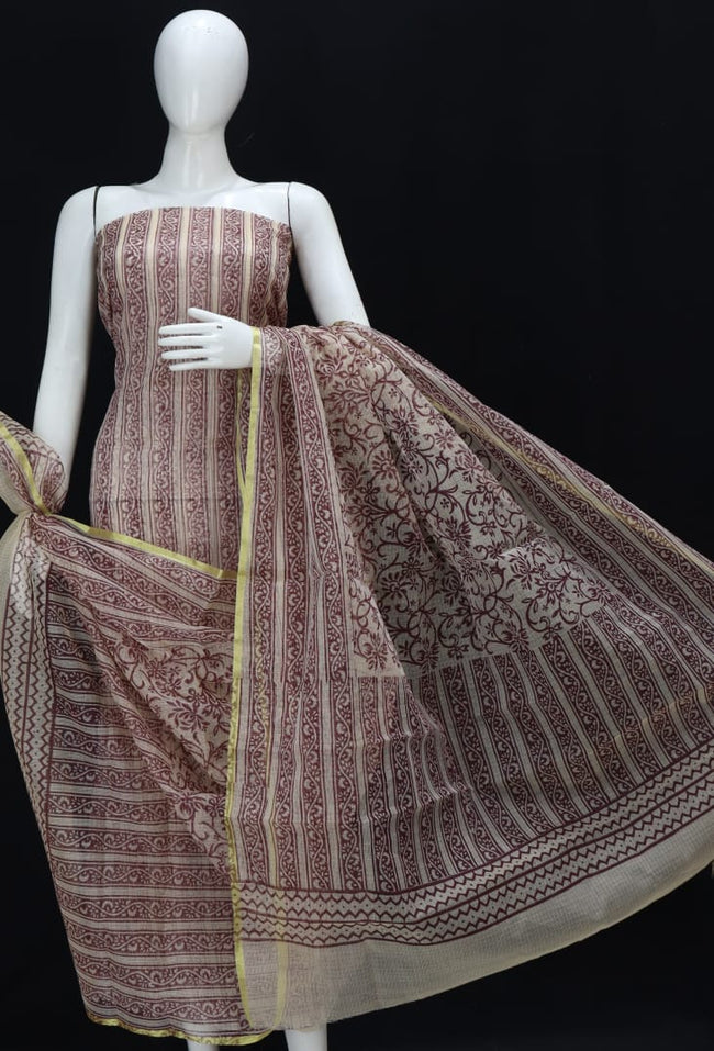 Striped Designer Handblock Printed Cotton Kota Doria Un-Stitched Suit With Dupatta