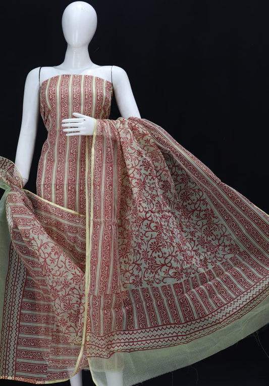 Maroon Striped Handblock Printed Cotton Kota Doria Un-Stitched Suit With Dupatta