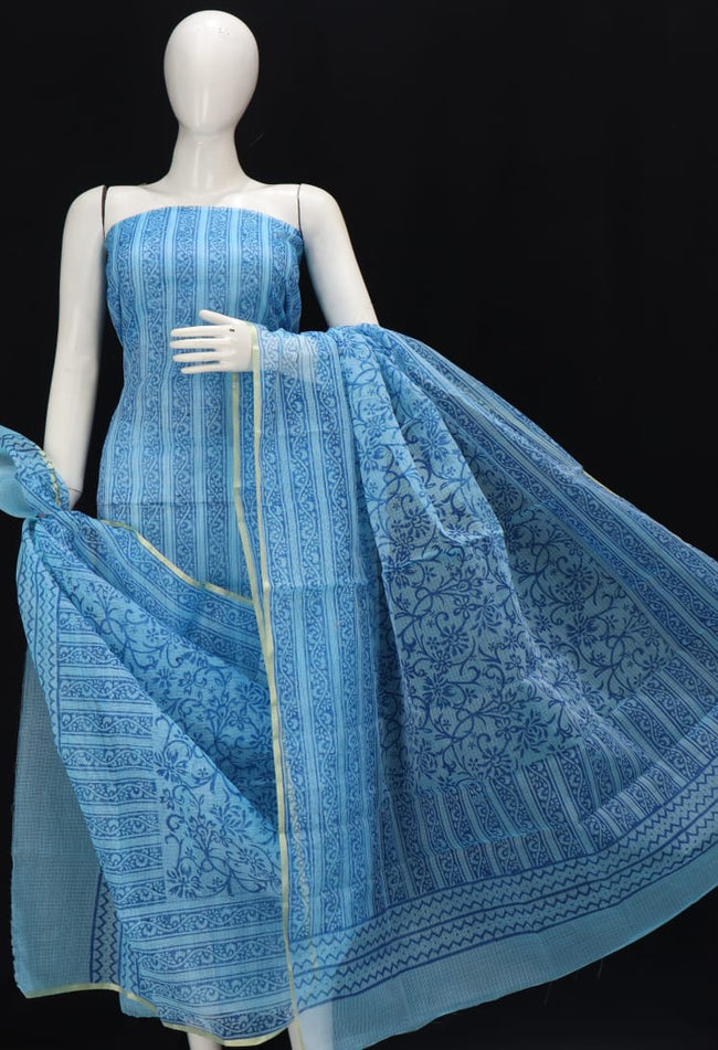 Blue Striped Designer Handblock Printed Cotton Kota Doria Un-Stitched Suit With Dupatta