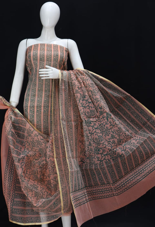 Pantone Peach Striped Designer Handblock Printed Cotton Kota Doria Un-Stitched Suit With Dupatta